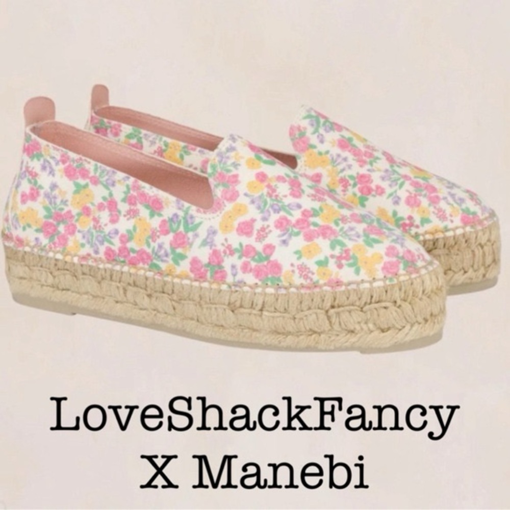 LoveShackFancy Floral Canvas Slip-Ons in Pink and Yellow Manebi